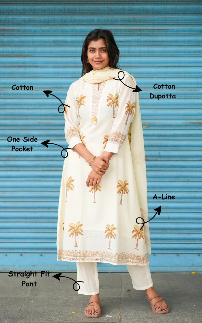 Ivory Palm Tree Printed Cotton Salwar set